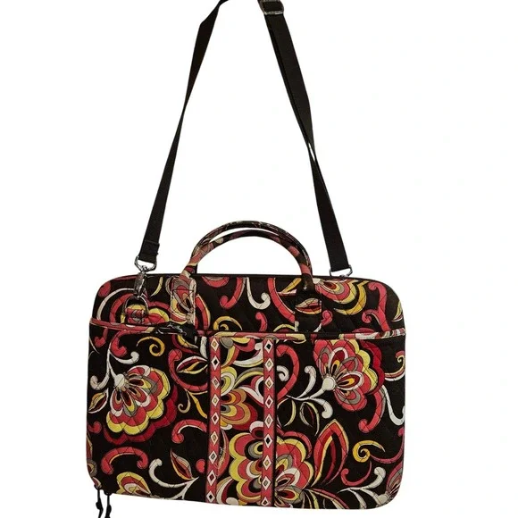 Vera‎ Bradley Folkloric Quilted Laptop Bag Messenger Crossbody Floral Brown Red