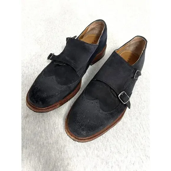 Trask Shoes Mens Size 10 Navy Suede Double Monk Wingtip‎ Brogue Dress 30-01457