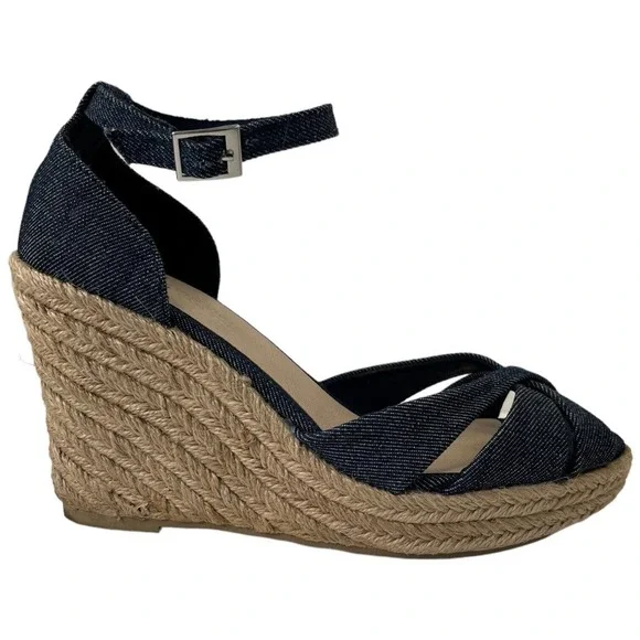 Christian Siriano Espadrille Wedge Ankle Strap Denim Blue Sandals 8