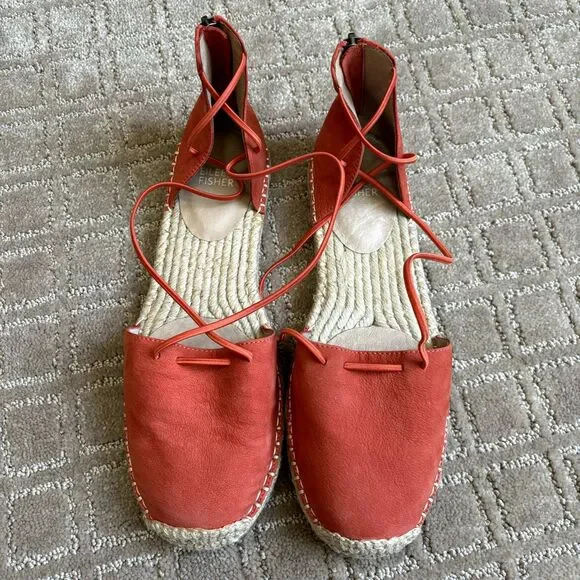 Eileen Fisher Leather Espadrille Sandals Womens 9.5 Orange Flat Vacation NEW
