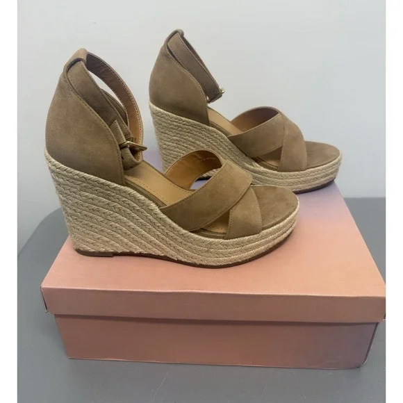 New Lisa Vicky Wedge Sandals Cognac Kid‎ Suede 8.5 M Cross-Strap Espadrille Heel