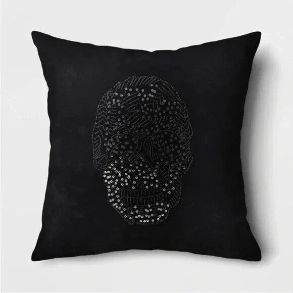Target Threshold Square Beaded Skull Velvet Throw Pillow‎ Black