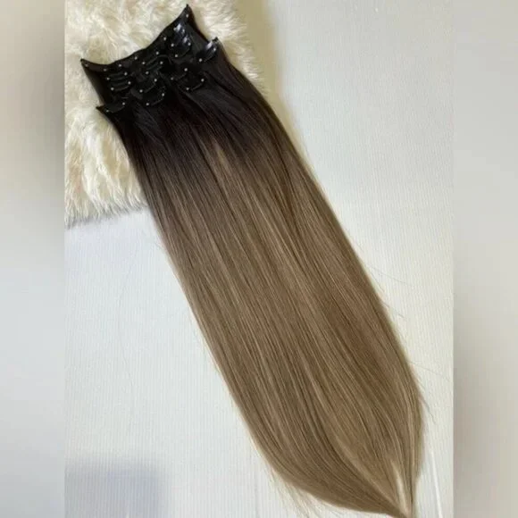 Human hair blend Dirty Blonde Ombre Straight hair Clip in Extensions