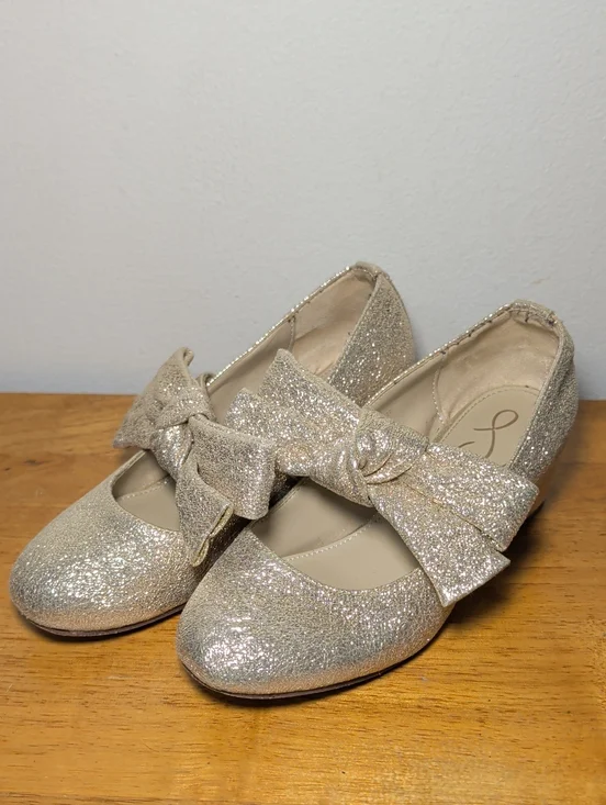 Sam Edelman Teddy Kids Shoes Gold Glitter Bow Block Heel Girls Size 3