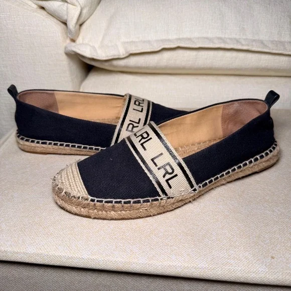 Ralph Lauren Flats Caylee Womens 7.5 Navy Canvas Espadrille Logo Preppy Nautical
