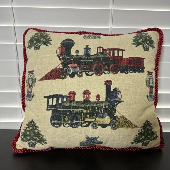 VTG 90s Square Tapestry Pillow Christmas Tree Trains‎ Nutcracker Star 16x16 gift