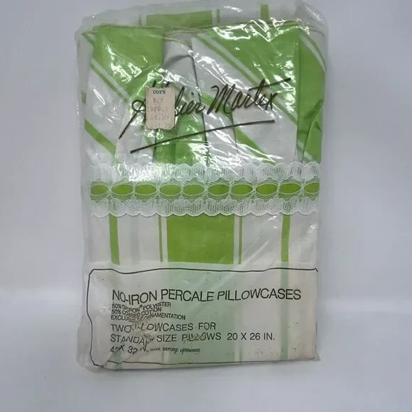 NEW Vtg No-Iron Percale Pilliwcases Set 2 Standard Size Green White Stripe Ruffl