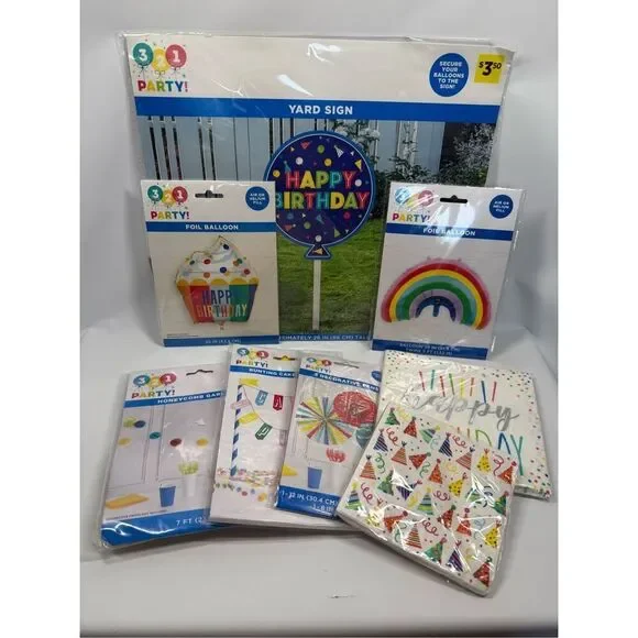 D30  Party Decorations- 8 piece  party decor, napkins, balloons, yard sign