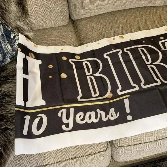 happy 10th birthday party celebration hanging plastic banner black/white/gold
