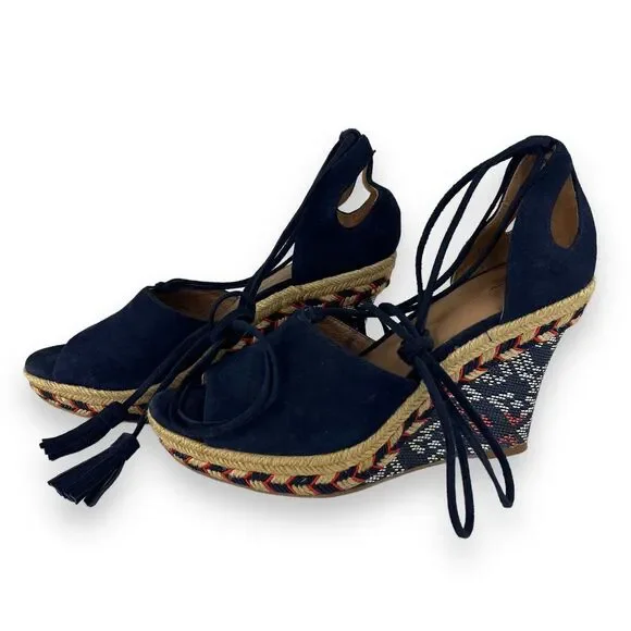 Cabi Isla Espadrille Wedge Sandal Navy Blue Suede Ankle Tie Up Tassels Western 6