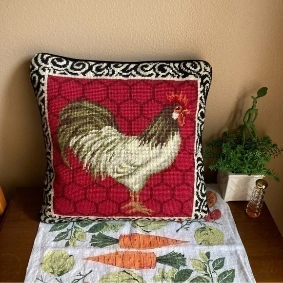 Vintage look black and white Rooster needlepoint pillow