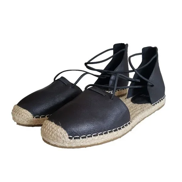 EILEEN FISHER Lace Leather Espadrille Black Flat Slip On Closed Toe Sandal Sz 10