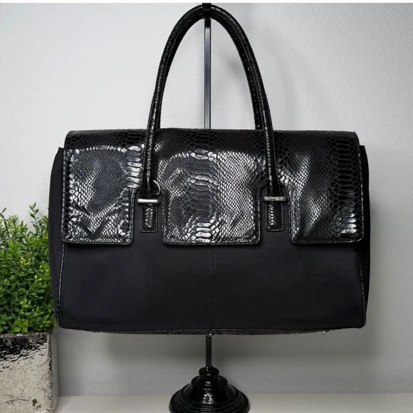 Women in Business London Tote Laptop Bag Black Snakeskin Embossed Canvas