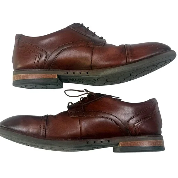 Clarks Mens 10.5W Un Hugh Cap Brown Leather Dress‎ Shoes Oxford Leather Mahgony