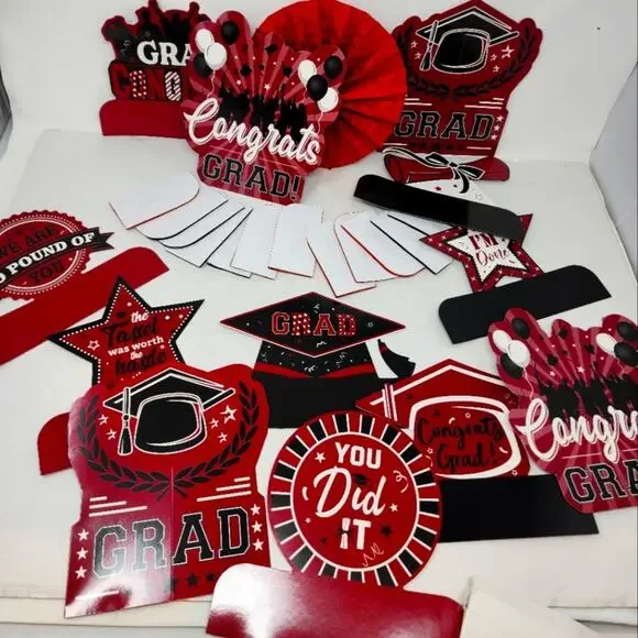 Graduation 12 pc Table‎ Toppers Guys Girls Red Black Grad Party Decoration New