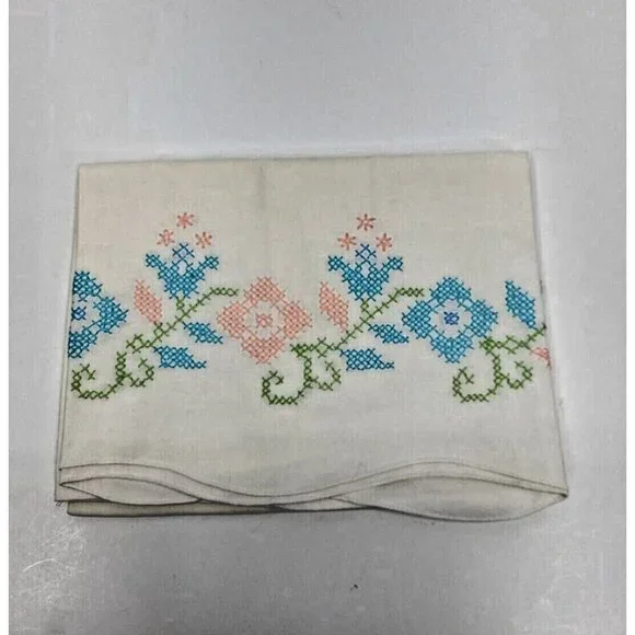 Vintage Handmade Cross Stitch Pillowcase Standard Size Floral Scalloped Edge