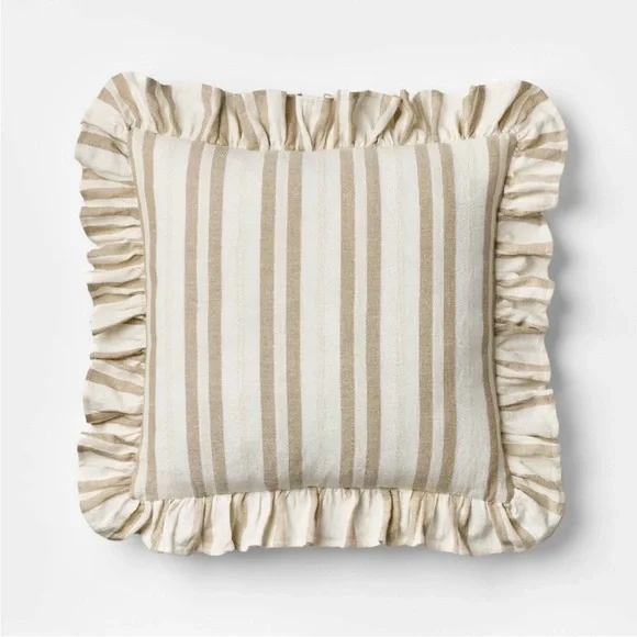 Square Woven Stripe Throw Pillow w/Ruffle Taupe/Ivory - Threshold Studio McGee