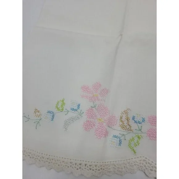 Vintage Handmade Cross Stitch Pillowcase Standard Sz Floral Scalloped Lace Edge