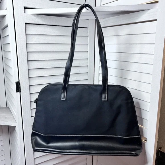 Black Nylon Laptop Tote Bag Pink Lining Shoulder Bag Travel Work Satchel‎