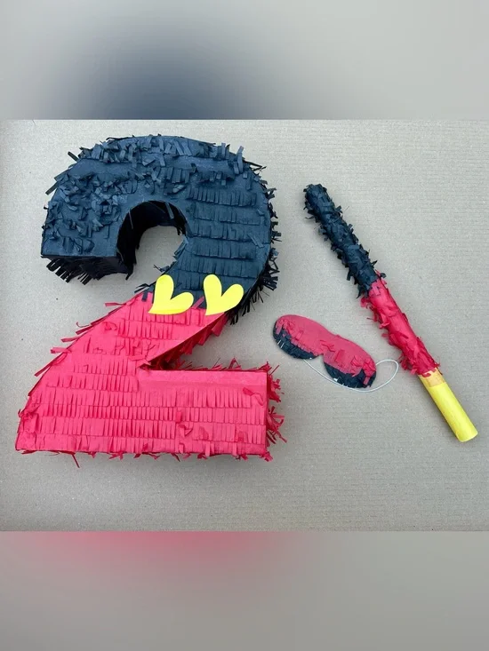 Number 2 Piñata Set – Black/Red Theme + Stick & Blindfold | New