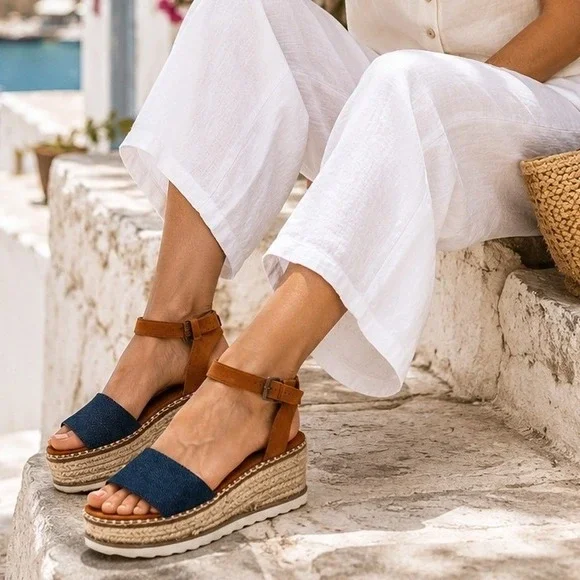Comfort Denim Platform Espadrille Platform Sandals Size 7 Ankle Strap Coastal