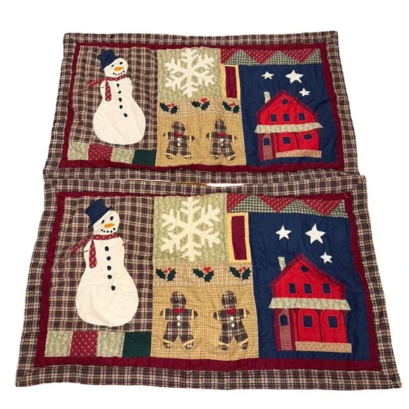 Vtg Set 2 Quilted Christmas‎ king sized Pillow Sham Snowmen Gingerbread Holiday