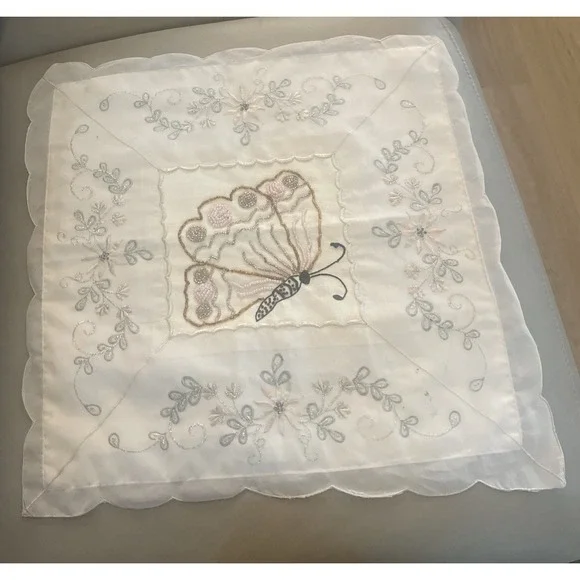 Vintage Boudoir Pillow 15x15 Cover Square Flowers Butterfly Beads Embroidered