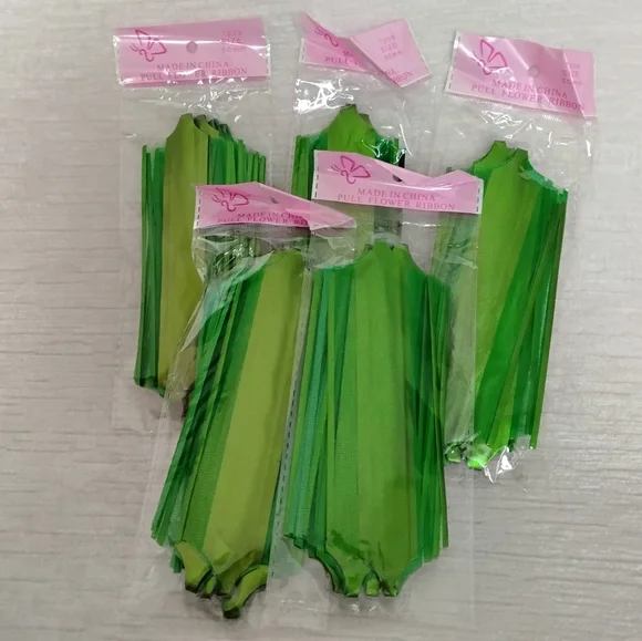 Pull-Ribbon Flower Bows Set Of 5 Color Green 50mm Easy Present/basket Decor