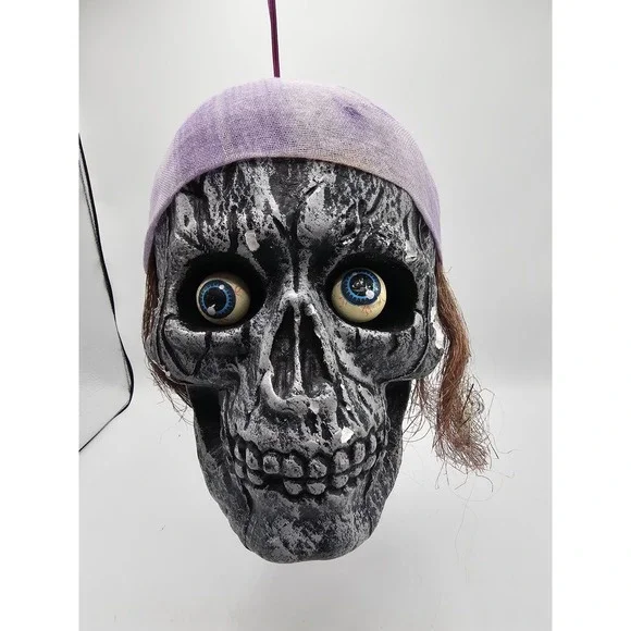 Vintage Hanging Skull Styrofoam Pirate Purple Cap Bulging‎ Eyes Halloween Prop