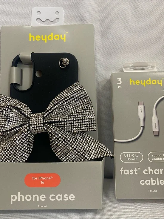 heyday Black iPhone 16 Case with Rhinestone Bow Accent+usb-c to usb-c 3ft cable
