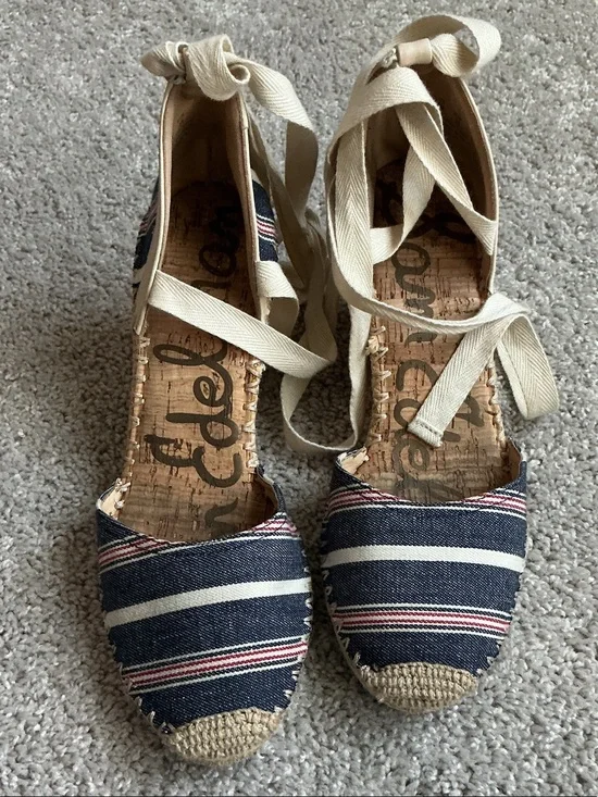 Sam Edelman Patsy Striped Canvas Espadrille Wedges with Ankle Ties - Navy Sz 9M