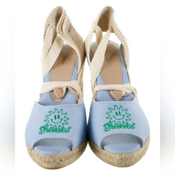 Ganni Women's Size 41 Sun Embroidered Canvas Espadrille Wedges Forever Blue