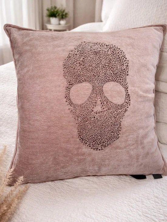Magaschoni Blush Pink Velvet Rhinestone Skull Pillow 20x20 Glam Gothic Throw