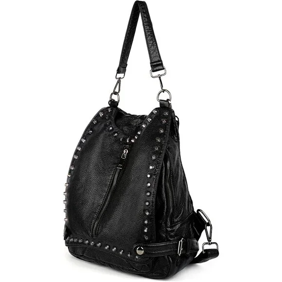 Women Black PU Leather Rivet Studded Convertible Backpack Purse