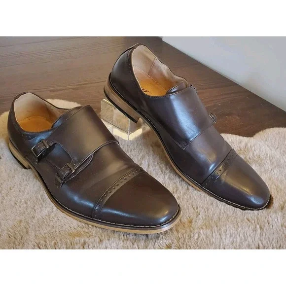 Amali Men's Maroon Leather Baker Double Monk Straps Fashion Shoes Size 10‎