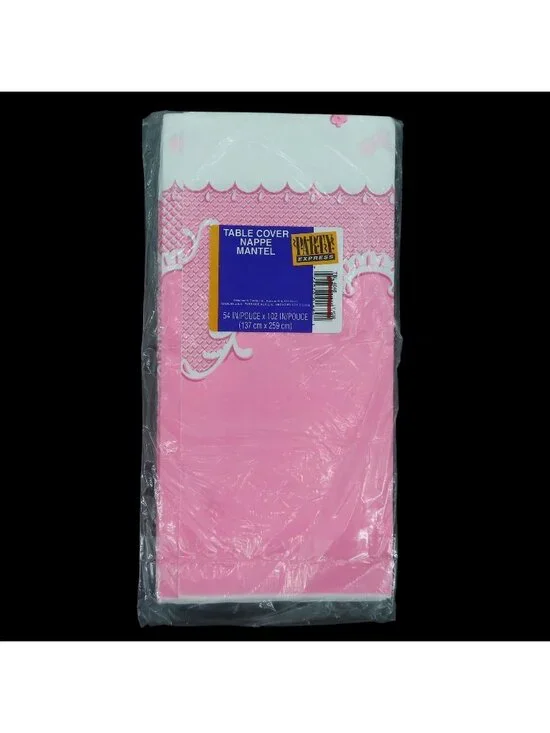 Hallmark Party Pink White Rose Scroll Rectangle Table Cover 54in x 102in NEW