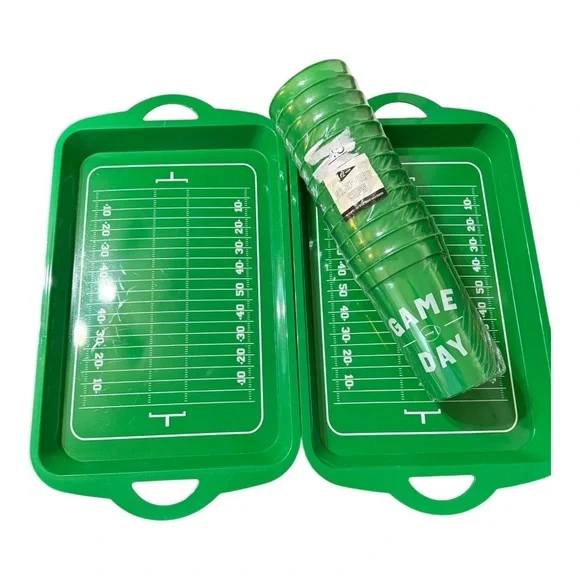 Football Game Day Party Set – 2 Green Field Trays & 12 “Game Day” Cups