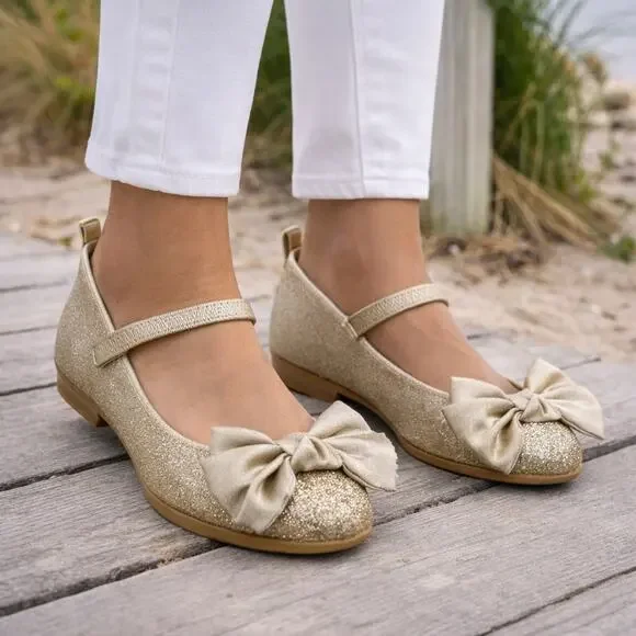 Janie & Jack Gold Sparkle Bow Ballet Flats NWT 5