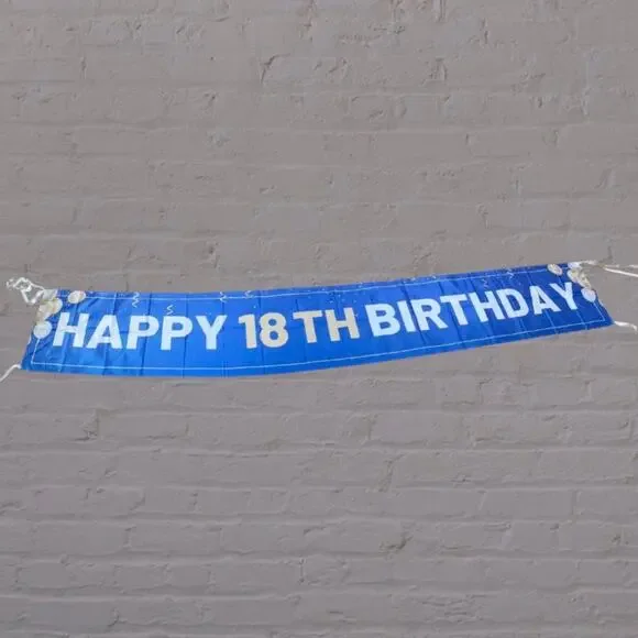 Happy 18th Birthday Banner Blue Gold Wall Flag Ribbon Party Backdrop 9.5ft Sign