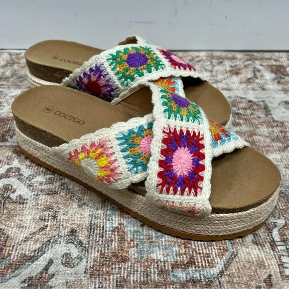 Coutgo Platform Espadrille Sandals Women 8 Floral Crochet Cork Platform Open Toe