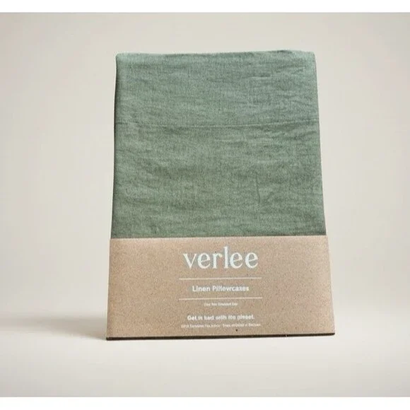 TUFT & NEEDLE 100% Linen European Flax 2 Standard Pillowcases Green Moss New