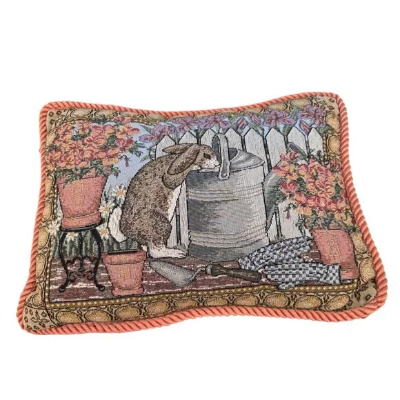 Bunny Rabbit Tapestry Accent Pillow Rectangular 13 x 17 Pink Cord Edge Easter
