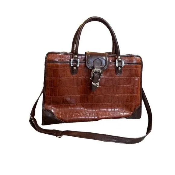 Coldwater Creek Faux Leather Crocodile‎ Embossed Brown Briefcase Tote Bag
