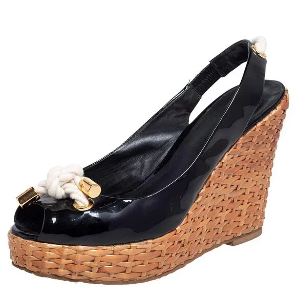 Tory Burch Shea Navy Blue Patent Wedge Espadrilles