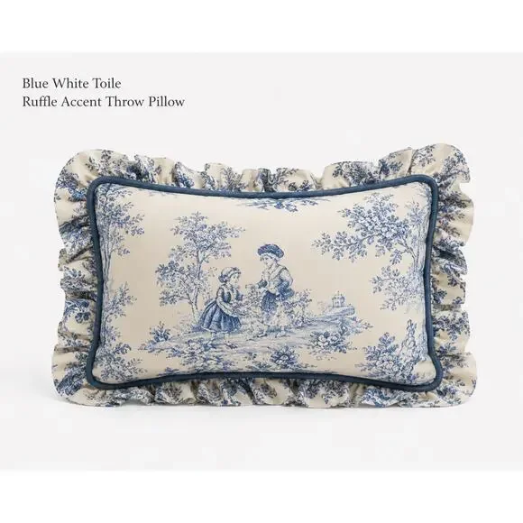 Blue White Toile Ruffle Accent Throw Pillow Cottagecore Decor