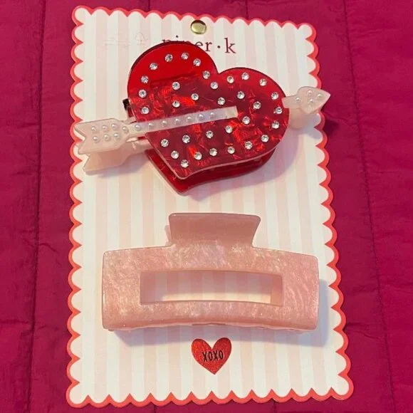 NEW PIPER K 2 PACK BEAUTIFUL RHINESTONE HEART & PINK SPARKLE MARBLED HAIR CLIPS