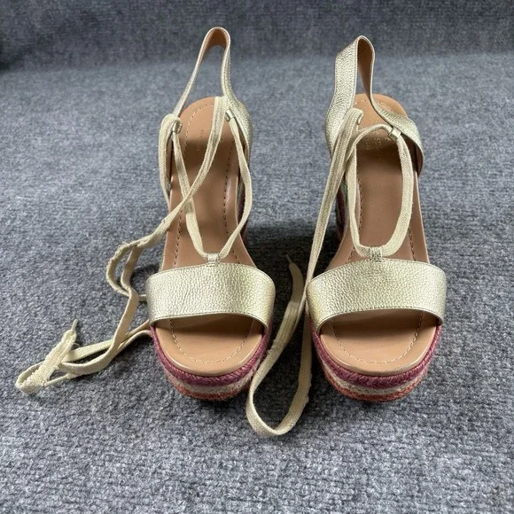 Kate Spade Gold Espadrille Wedge Sandals Women's 9M Lace Up Rainbow Boho 5