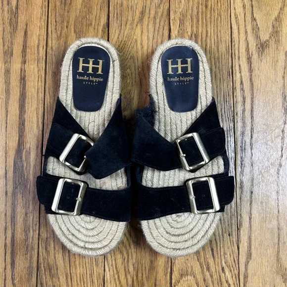 Haute Hippie Style Black Suede Espadrille Slide Sandals Gold Buckle Women 7.5M