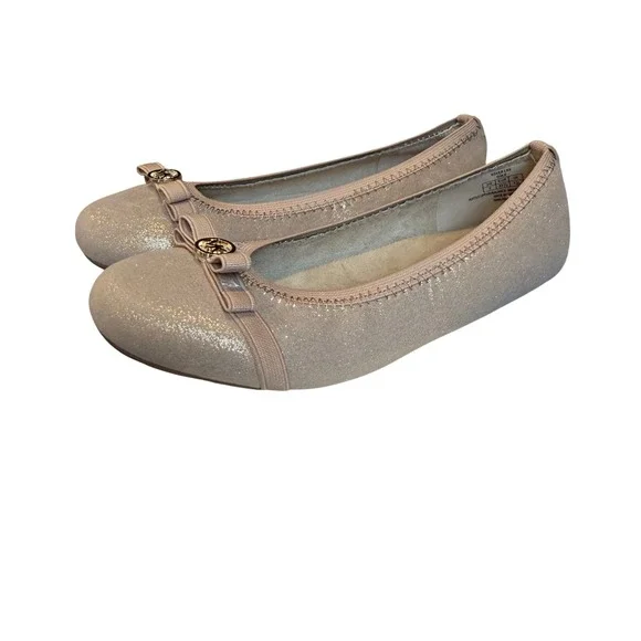Michael Kors Girls Rover Lux‎ 2 Gold Glitter Ballet Flat Bow Logo Dress Shoes