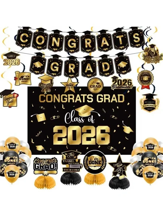 Congrats Grad 2026 Party Decorations - Black & Gold Graduation Banner Set